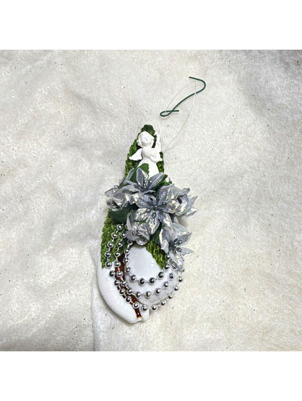 White/Silver/Green Christmas Angel Hanging Ornament w/ Shell, Bead Garland, 1